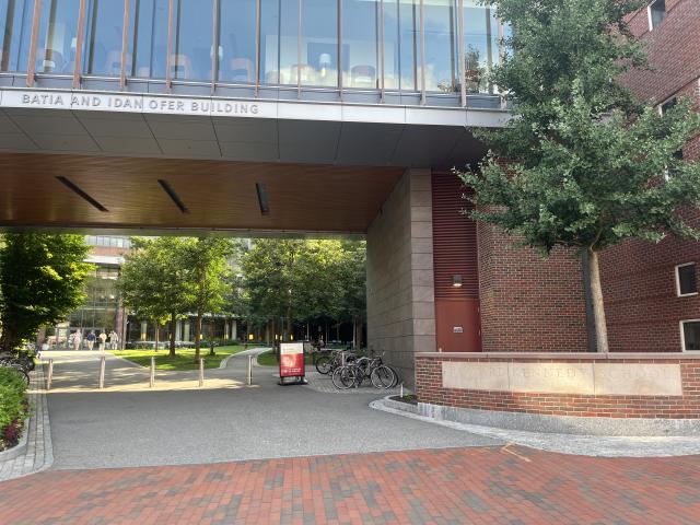 The front entrance of the Harvard Kennedy School, with the Batia and Idan Ofer Building in view