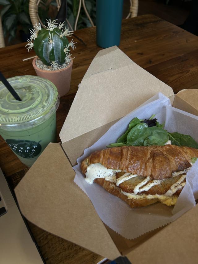 Strawberry Matcha latte and breakfast sandwich