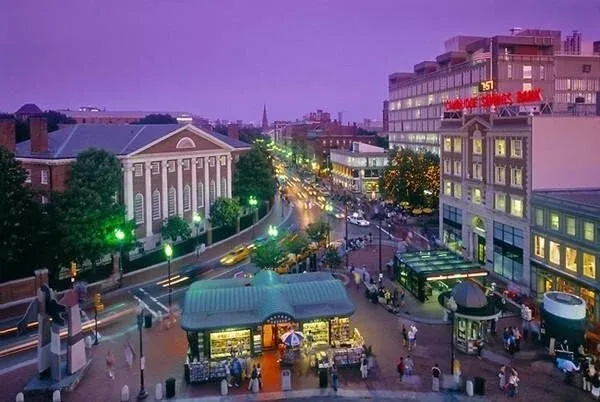 Picture of Harvard Square with purple sky