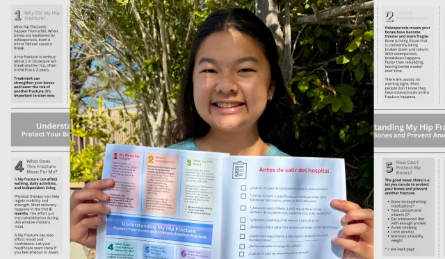 Header image of Sydney Mafong '30 holding up a printout of her SPARK project against a background of her work.