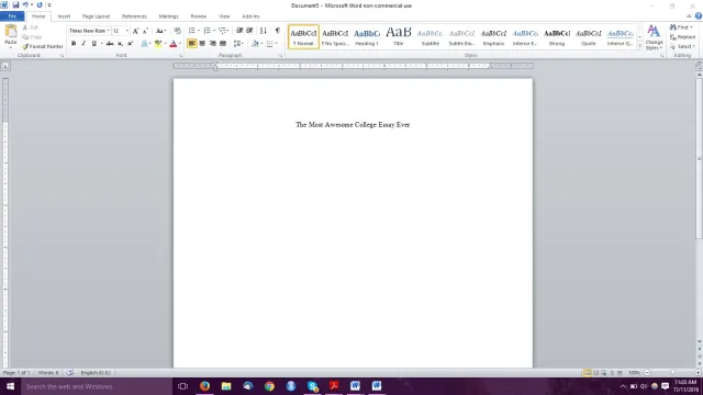 Photograph of blank Microsoft Word document titled "The Most Awesome College Essay Ever"