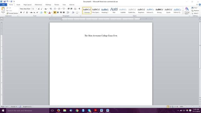 Photograph of blank Microsoft Word document titled "The Most Awesome College Essay Ever"