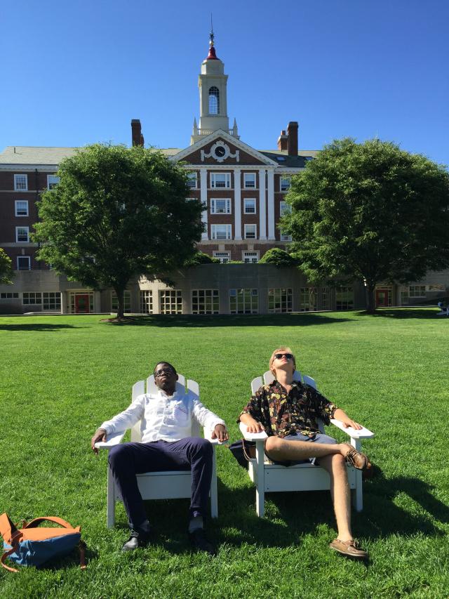 Photograph of author and friend on lawn