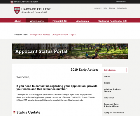 screenshot of applicant status portal