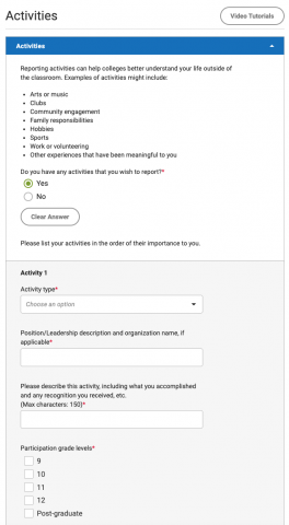 Screenshot of Common App activities questions