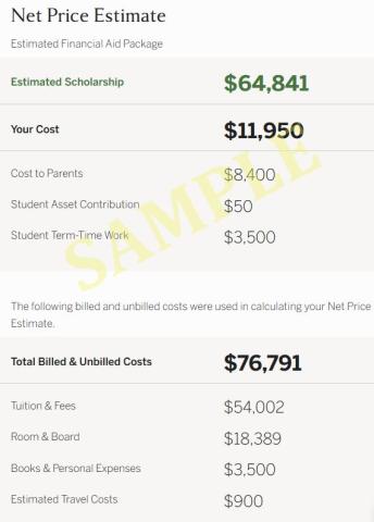 Sample Net Price Calculator output listing estimated scholarship