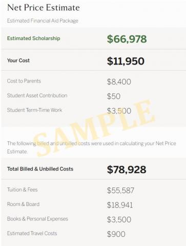 Sample Net Price Calculator output listing estimated scholarship