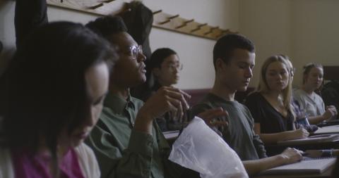 A group of students participate In class.