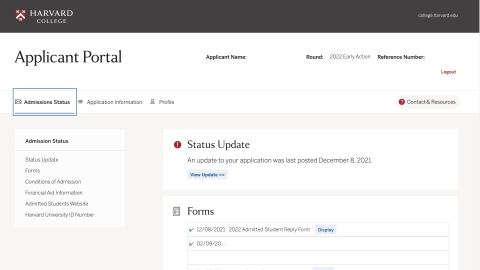 Screen grab of the applicant status portal