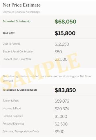 Sample NPC output showing estimated family contribution, scholarship, and costs.