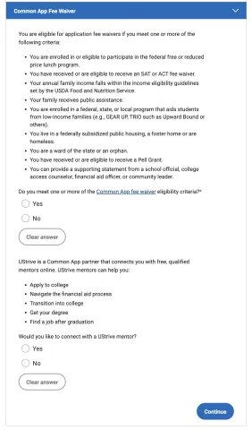 Screenshot of the Common Application fee waiver