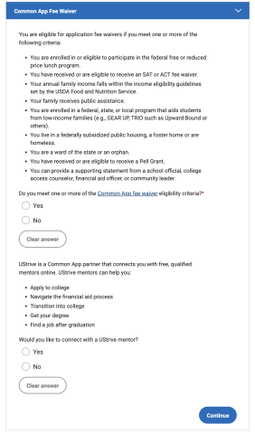 Screenshot of the Common Application fee waiver