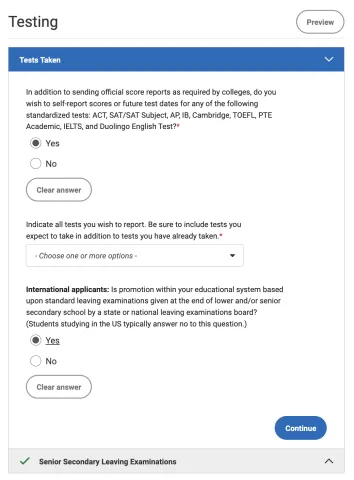 Screenshot of Common App testing questions