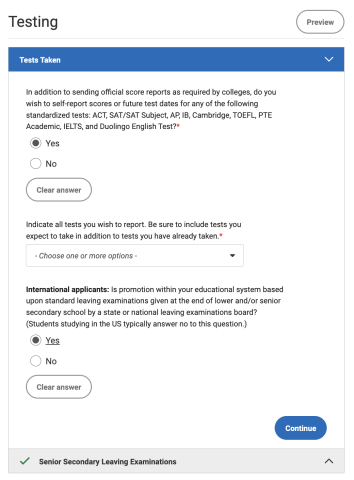 Screenshot of Common App testing questions