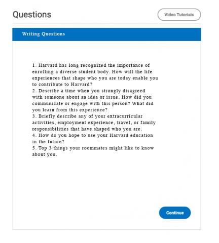 Screenshot of Harvard supplement writing prompts 