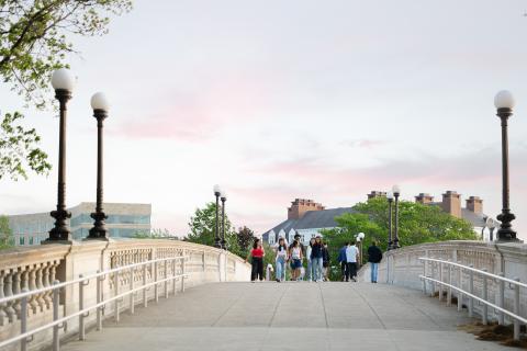 A group of students walk side-by-side on Weeks Bridge late afternoon with a pink sky in the background.