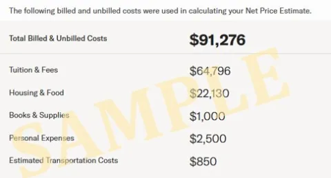 Sample NPC output showing costs including tuition and fees, housing, food, and unbilled costs