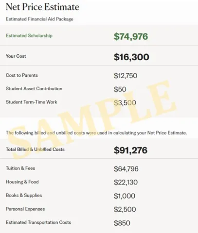 Sample NPC output showing estimated family contribution, scholarship, and costs.
