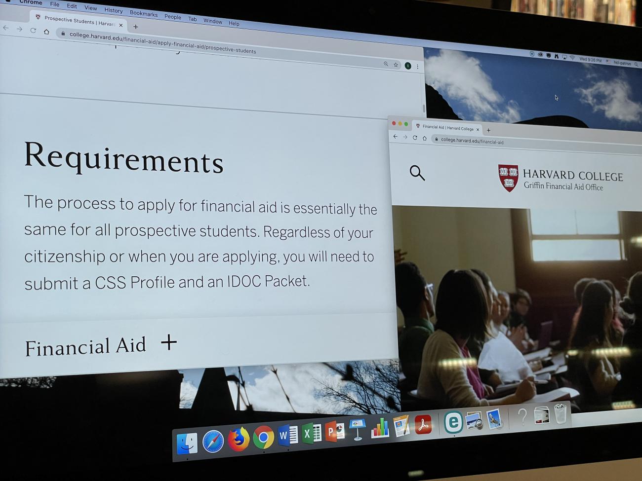 A photo showing what Harvard says about the requirements for international students applying for financial aid. The page says, &quot;The process to apply for financial aid is essentially the same for all prospective students. Regardless of your citizenship or when you are applying, you will need to submit a CSS Profile and an IDOC Packet.&quot;