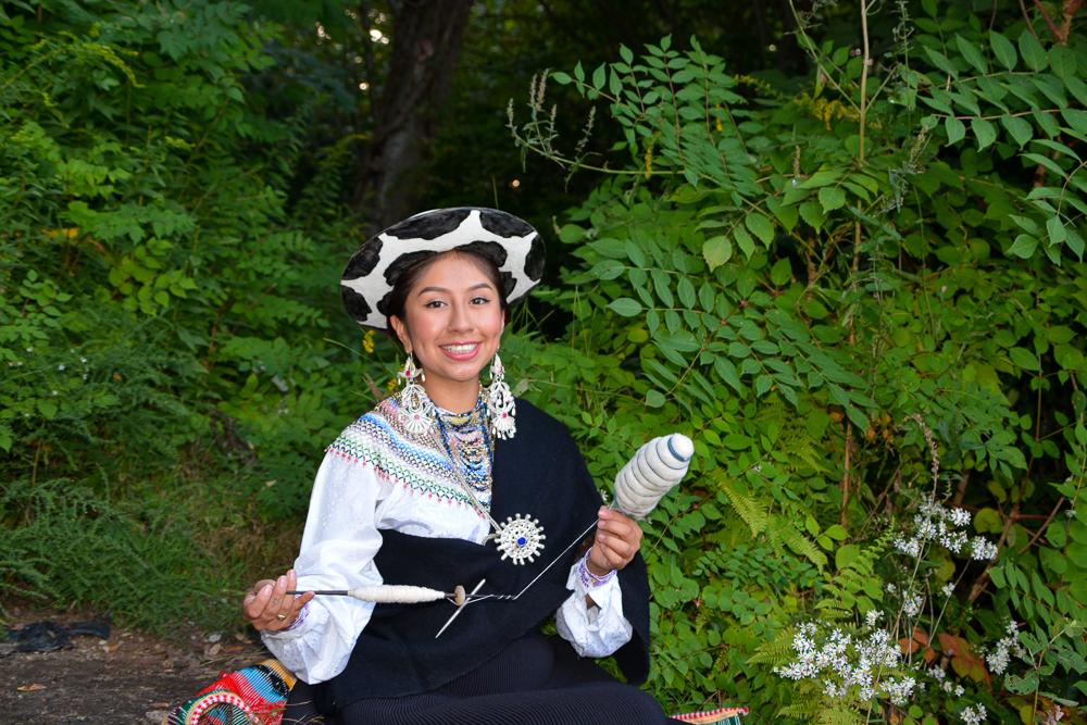 Writer pictured spinning thread with a huango