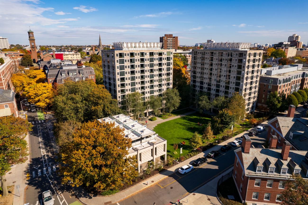 An aerial photo of Leverett House towers. 