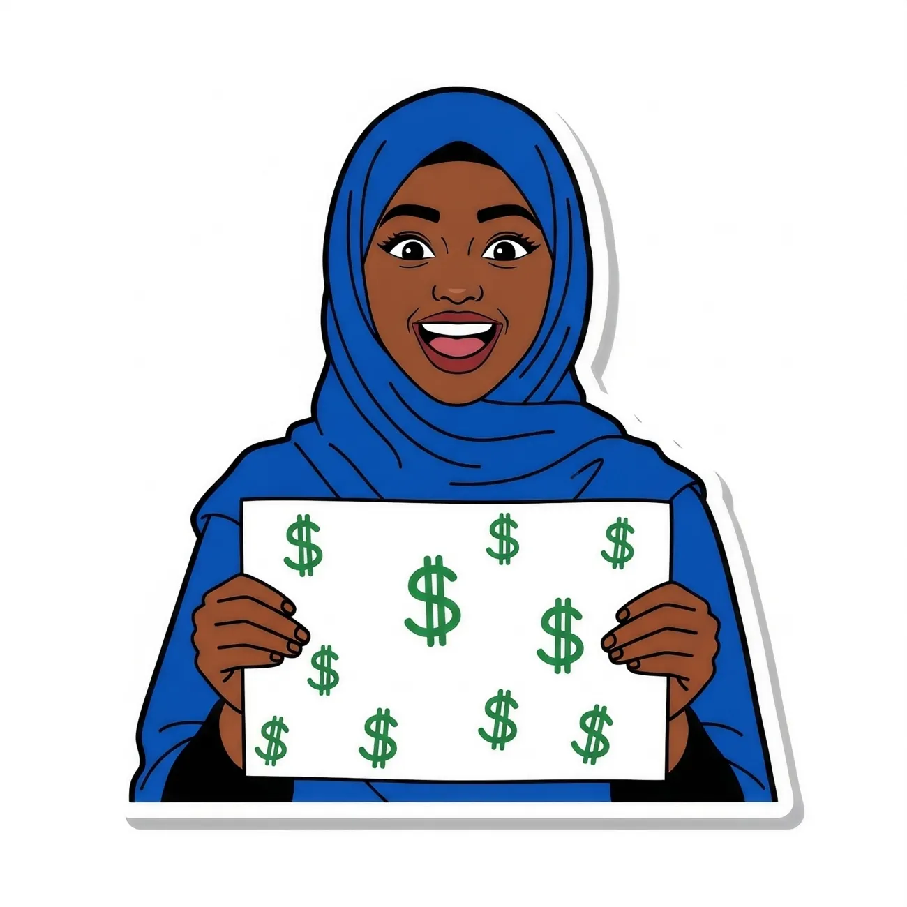 AI generated image of Rahma holding a sign with dollar signs drawn on it.