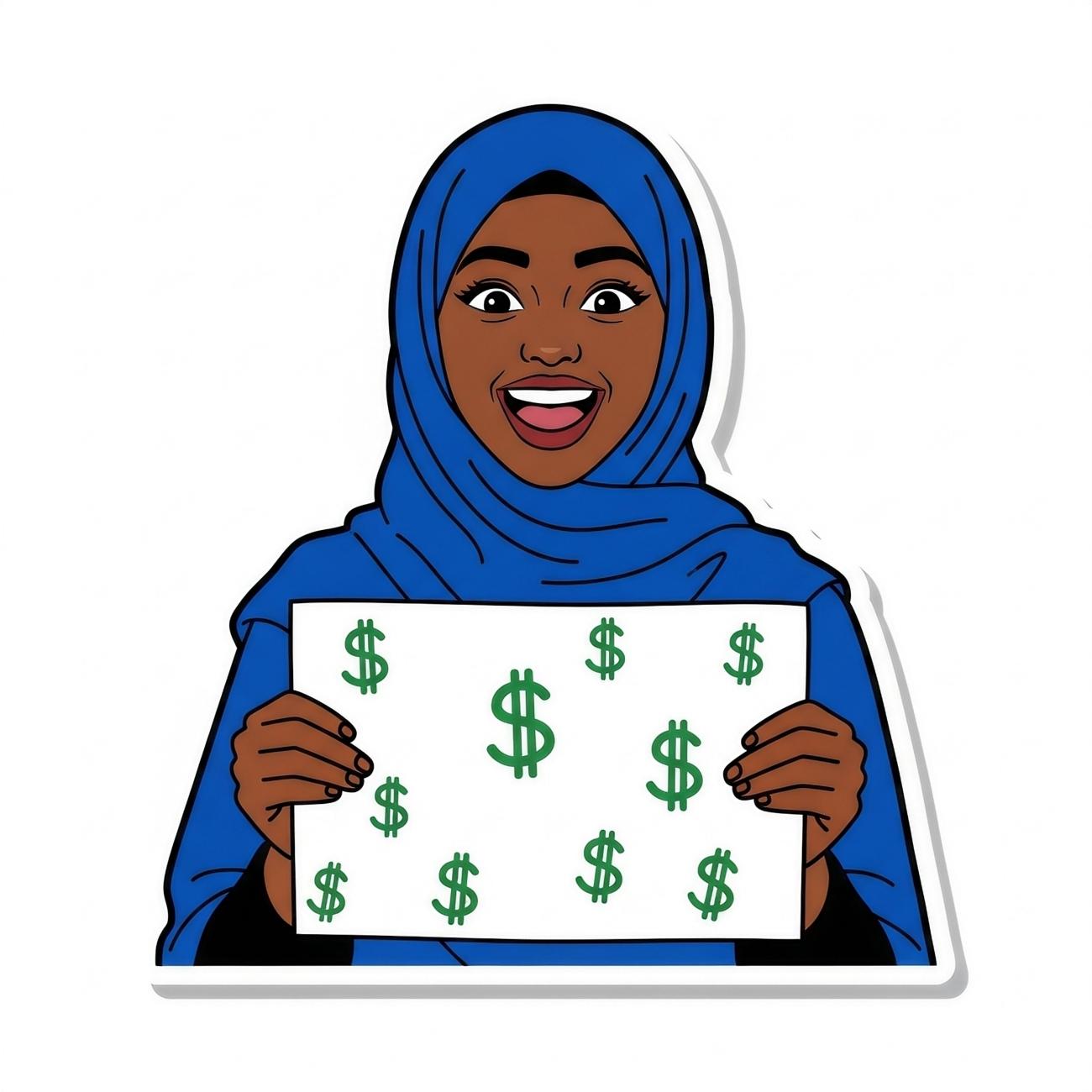 AI generated image of Rahma holding a sign with dollar signs drawn on it.
