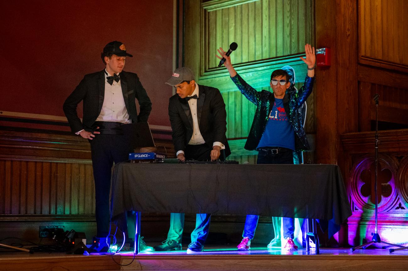 Student DJs performing onstage.