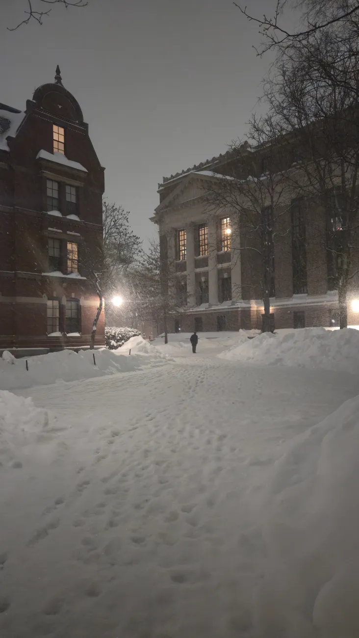 Weld Hall and Widener library during the winter