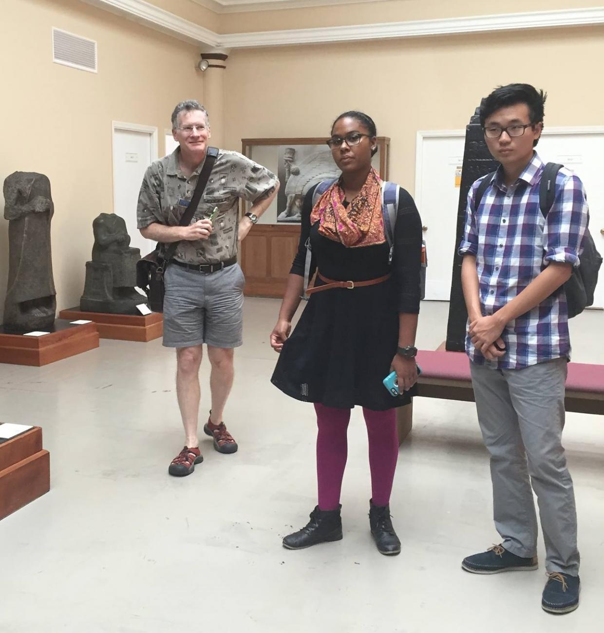 three students on a class visit to the Harvard Semitic Museum