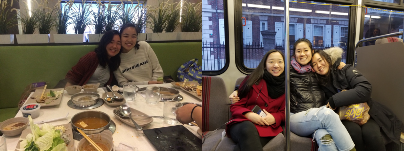two photos side by side, 1 of students at a restaurant, 2 of students on the subway