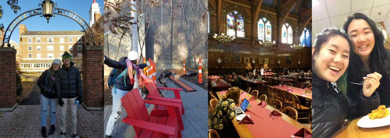 (From the left) two students, 3 wild turkeys, Annenberg with Thanksgiving decor, students eating souffle.