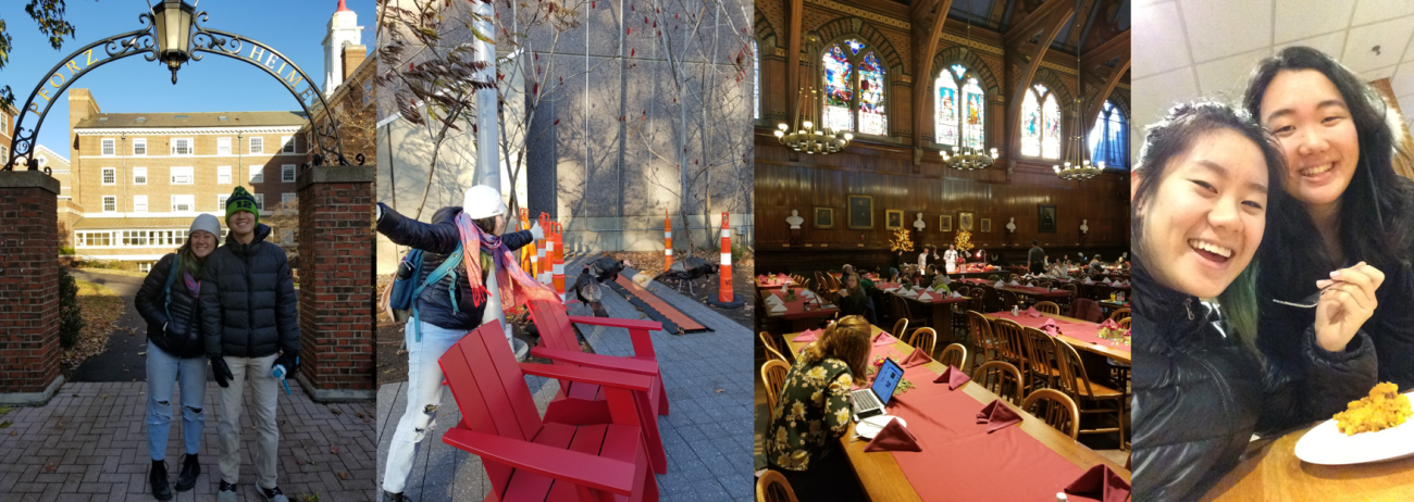 (From the left) two students, 3 wild turkeys, Annenberg with Thanksgiving decor, students eating souffle. 