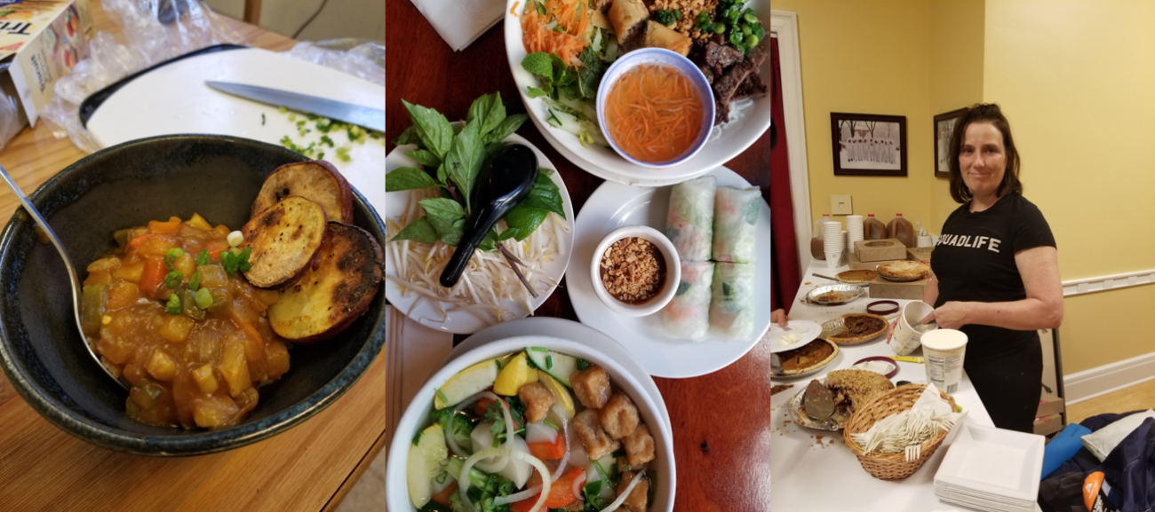 three photos side by side of curry, soup bowls on a table, and a student with pie.