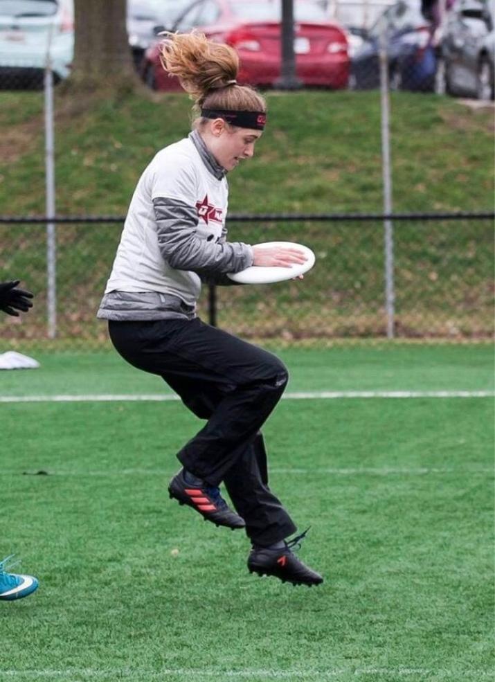 Audrey playing Ultimate Frisbee.