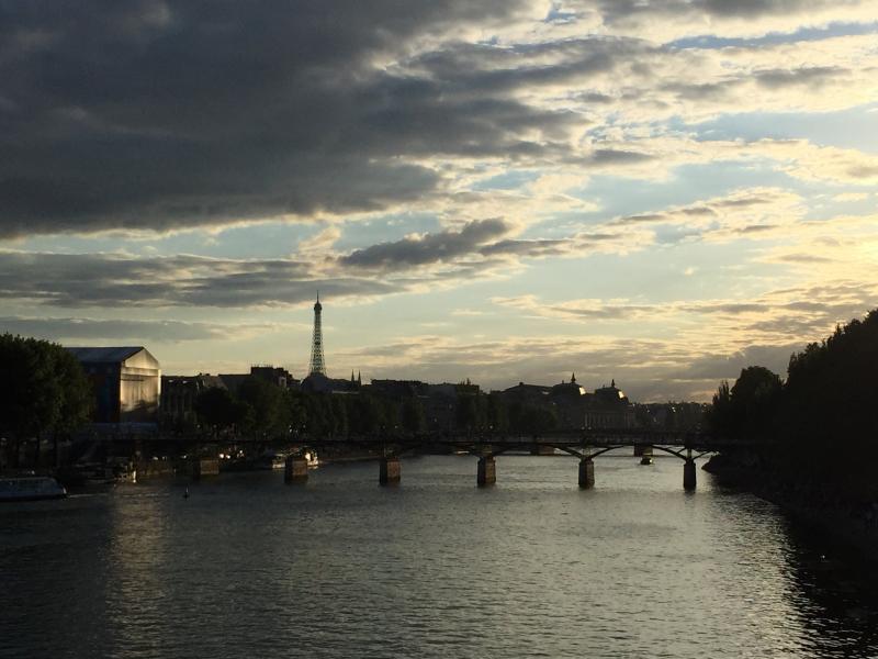 View of Paris at sunset, with Eiffel Tower in background