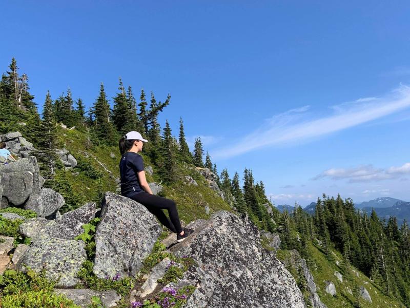 I'm sitting on a big rock, overlooking a mountain range near my home in Washington State.