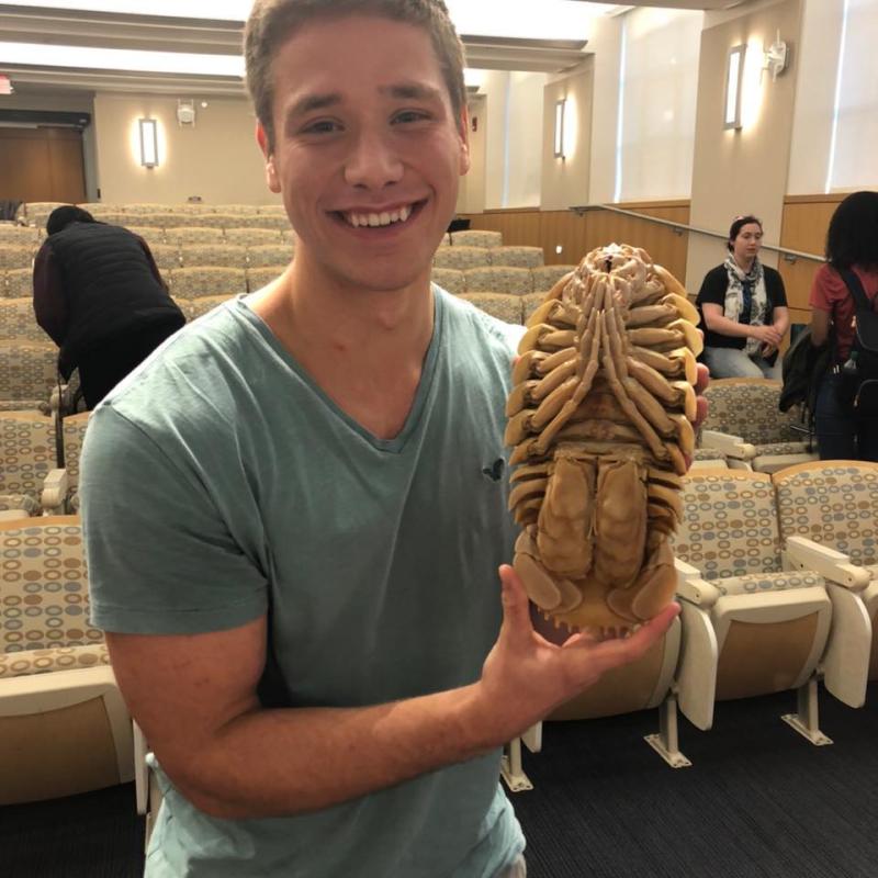 Student holding a giant isopod