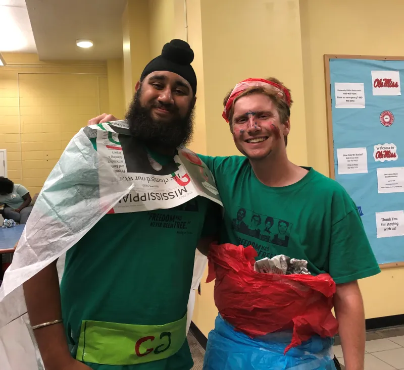 Here's a picture of a fellow intern after our students designed us costumes.