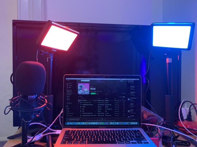 Two lights, a microphone, and a laptop on a desk.