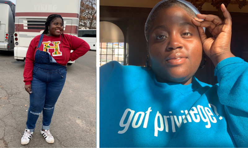 These are my fall outfits: in the first photo, I'm wearing a "H" red crewneck with blue distressed overalls, and in the second photo, I am wearing a blue crewneck that says "Got Privilege?"