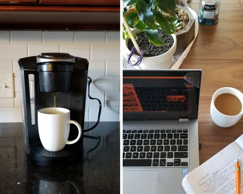 Two images that capture my morning: a cup of coffee and my desk space.