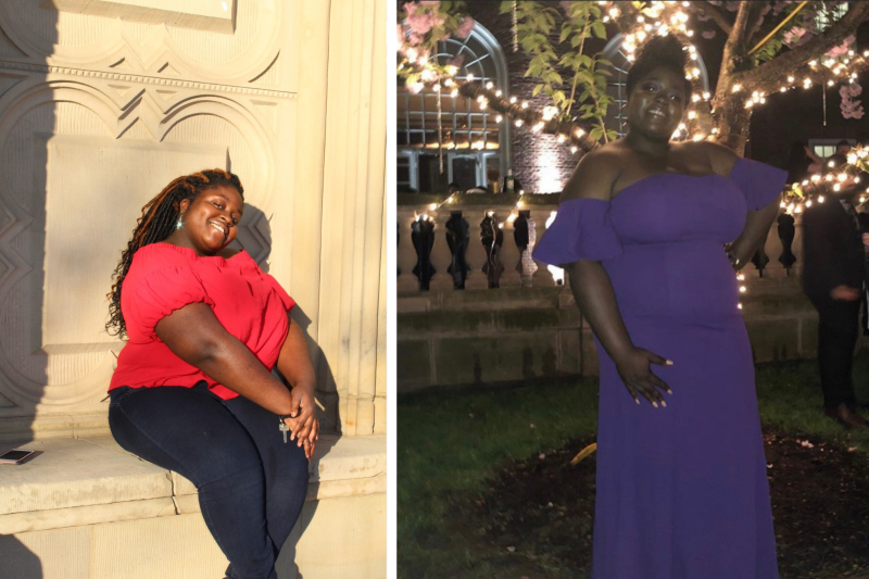 There are my spring outfits: in the first photo, I'm wearing a red top with blue jeans, and in the second photo I'm wearing a cold shoulder, floor length purple dress.