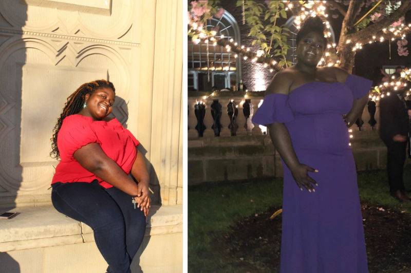 There are my spring outfits: in the first photo, I'm wearing a red top with blue jeans, and in the second photo I'm wearing a cold shoulder, floor length purple dress. 