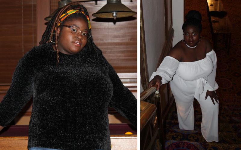 There are my winter outfits: I am wearing a black sweater in the first photo and a white, cold shoulder jumpsuit in the second photo.