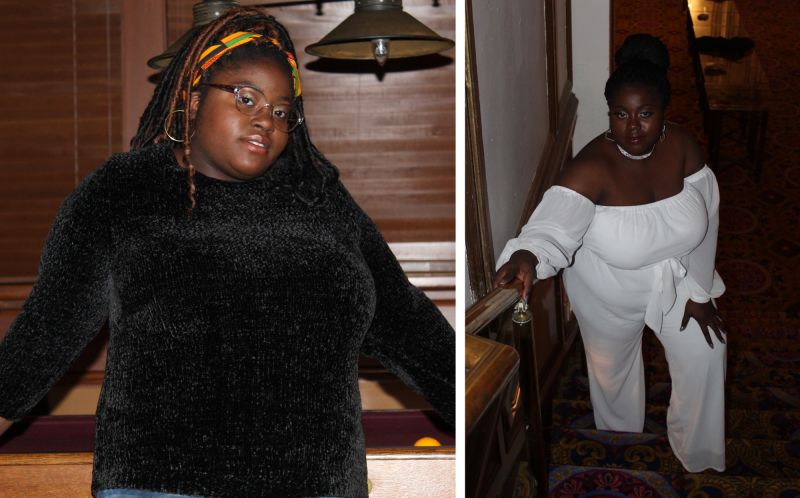 There are my winter outfits: I am wearing a black sweater in the first photo and a white, cold shoulder jumpsuit in the second photo. 