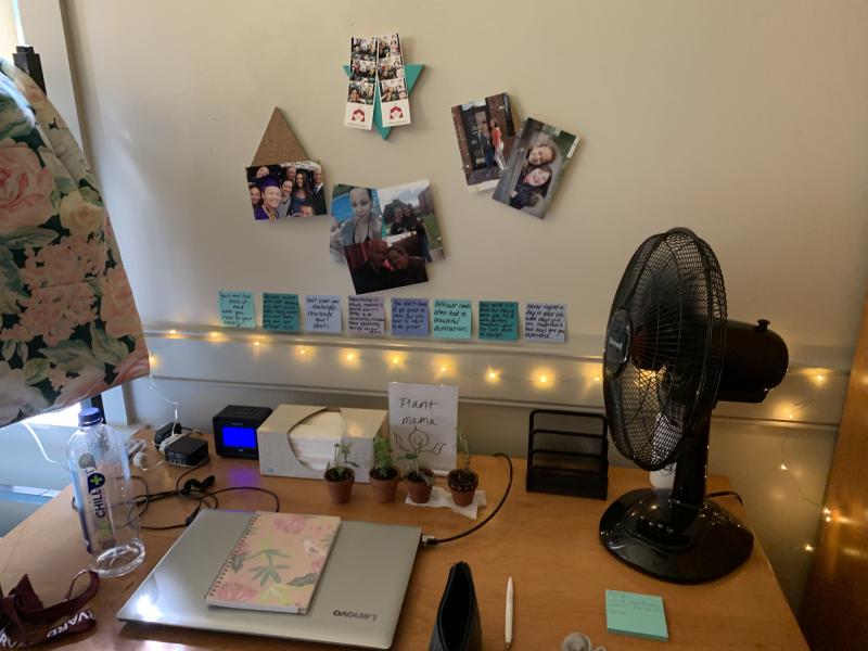 A desk and study space in a Harvard first-year student's dorm