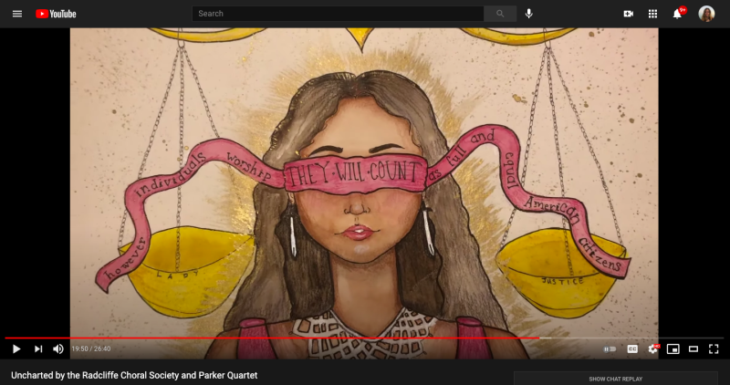 A screenshot of the author's painting shown during a livestreamed choral concert.