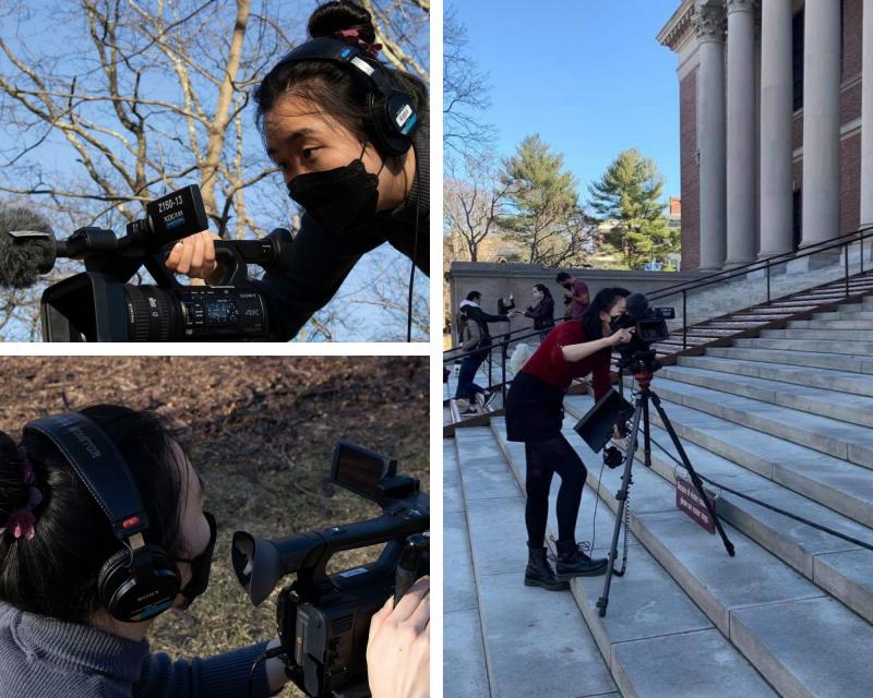 A collage of images of author filming with a camera. 