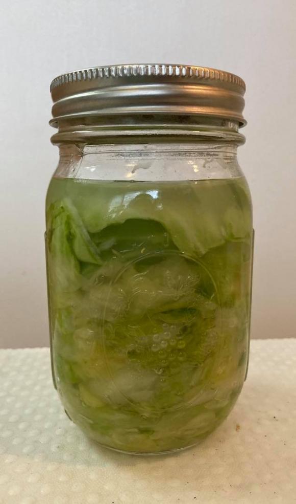 A mason jar of green lettuce in brine